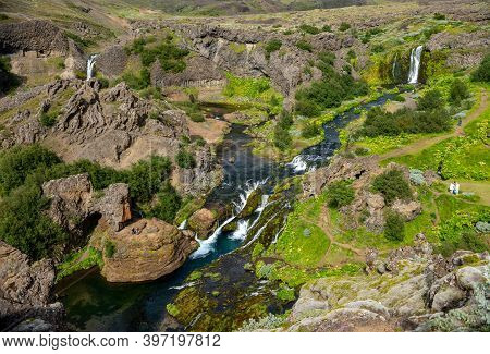 Hjalparfoss; Iceland - July 29, 2017: Scenic Landscape Of Hjalparfoss On The South Of Iceland