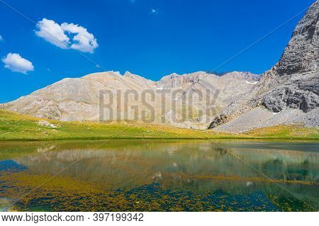 Amazing Mountain Lake Landscape Between Bolkar Mountain And Taurus Mountain. Panoramic View Of Black