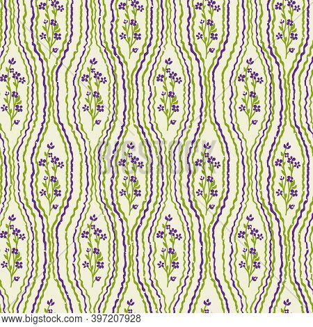 Hand Drawn Geometric And Loral Vector Seamless Pattern. Many Small Blue Forget-me-flower And Vertica