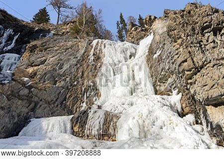 Shae Frozen Water In The Waterfall In The Altai Republic. Siberia, Russia. Severe Frost.