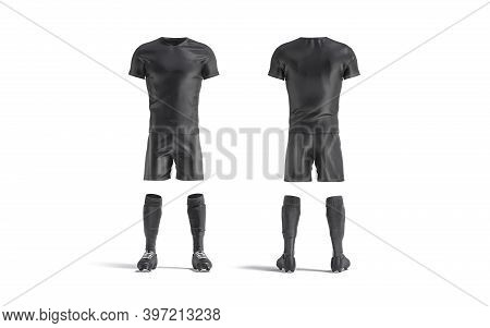 Blank Black Soccer Uniform Mockup, Front And Back View, 3d Rendering. Empty Football Player Tracksui
