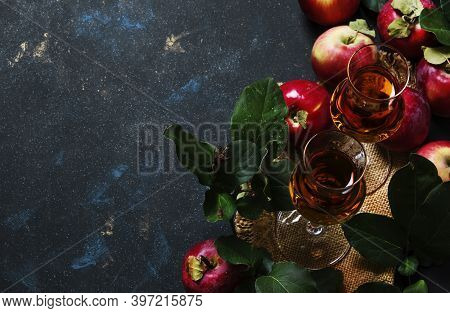 French Apple Brandy Or Calvados, Dark Drink Autumn Background, Top View