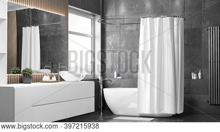 Blank White Half Open Shower Curtain Mockup, Half-turned View, 3d Rendering. Empty Polyester Blind F