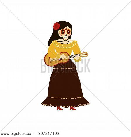 Female Mariachi Musician Skeleton Playing A Vihuela Vector Illustration