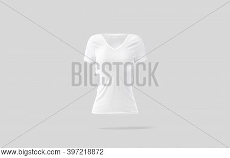 Blank White Women Slimfit T-shirt Mockup, Gray Background, 3d Rendering. Empty Softwear Tshirt For F