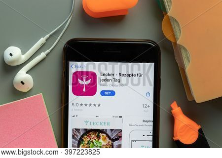 New York, Usa - 1 December 2020: Lecker Mobile App Icon On Phone Screen Top View, Illustrative Edito