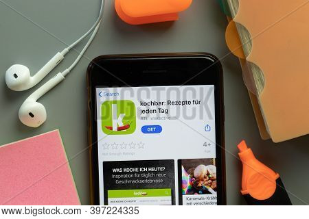 New York, Usa - 1 December 2020: Kochbar Mobile App Icon On Phone Screen Top View, Illustrative Edit