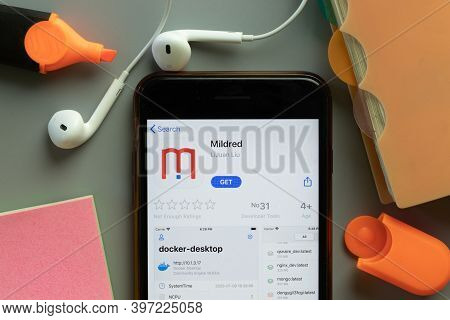 New York, Usa - 1 December 2020: Mildred Mobile App Icon On Phone Screen Top View, Illustrative Edit