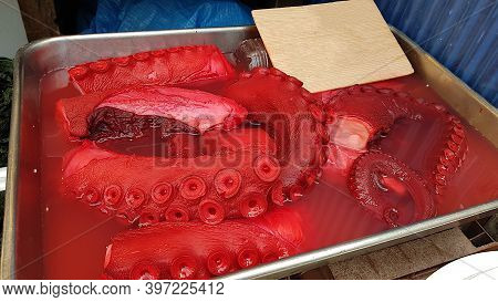 Red Live Octopus At Tsukiji Fish Market, Tokyo, Japan