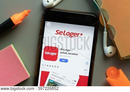 New York, Usa - 1 December 2020: Seloger Mobile App Icon On Phone Screen Top View, Illustrative Edit
