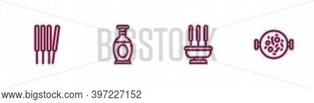 Set Line Aroma Sticks, Incense, Incense, Indian Vase And Chicken Tikka Masala Icon. Vector