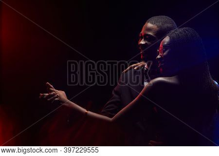 Outline Of Elegant African-american Couple Slowdancing Together In Dark, Copy Space