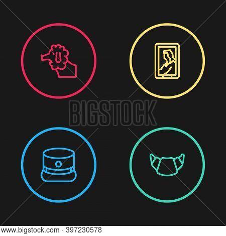Set Line Kepi, Croissant, Portrait In Museum And Poodle Dog Icon. Vector
