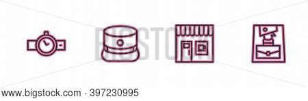 Set Line Wrist Watch, Coffee Shop, Kepi And Handbag Icon. Vector