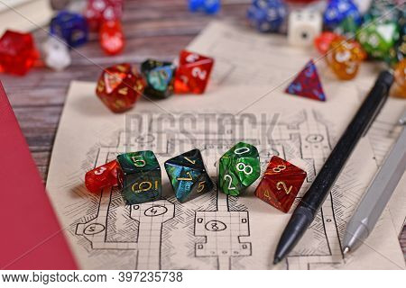 Colorful Tabletop Role Playing Rpg Game Dices On Hand Drawn Dungeon Map