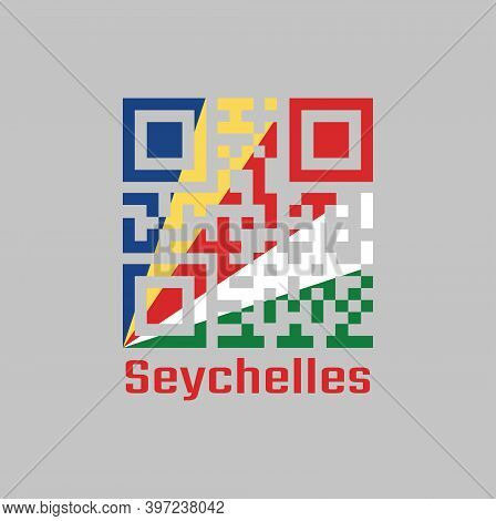 Qr Code Set The Color Of Seychelles Flag, Five Oblique Bands Of Blue Yellow Red White And Green. Tex