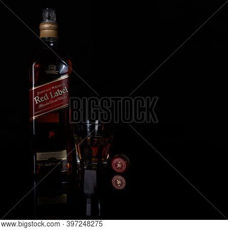 Burgas, Bulgaria- 30.11.2020 : Photo Of A Botle Of  Johnie Walker Red Label Whiskey.