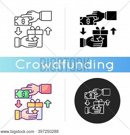 Reward Based Crowdfunding Icon. Individuals Contributing Small Amounts Of Money To Project In Return