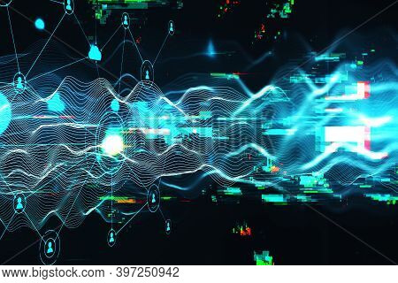 Abstract Wave With Computing Cloud Diagram Hologram. Connection And Communication Concept. 3d Rebder