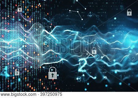 Abstract Glowing Wave With Digital Padlock Interface Safety And Protection Concept. 3d Rebdering
