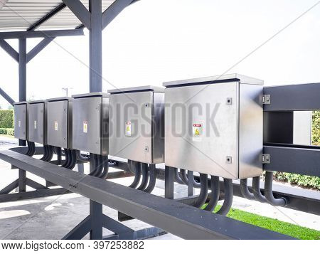 Outdoor Electric Control Box. Circuit Controller Box. Electric Control Box With Push Buttons And Swi