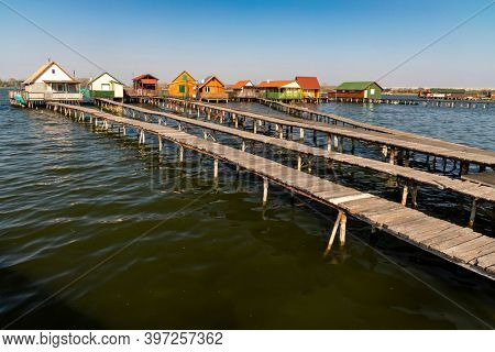 cottages on the piers, Bokodi-to in northern Hungary