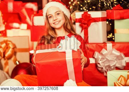 Decorated With Gifts. Shopping Packages Christmas Sale. Cheerful Santa Helper Sort Presents. Smiling