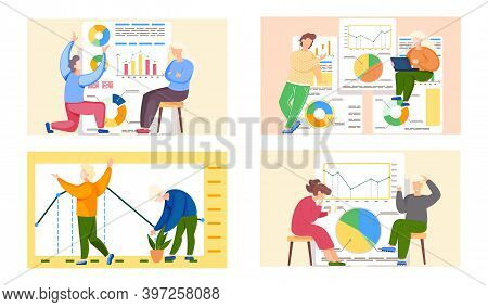 Set Of Illustrations On The Theme Of Data Analysis. Group Of People Is Working With Statistical Grap