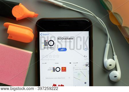 New York, Usa - 1 December 2020: Lio Occitanie Mobile App Icon On Phone Screen Top View, Illustrativ