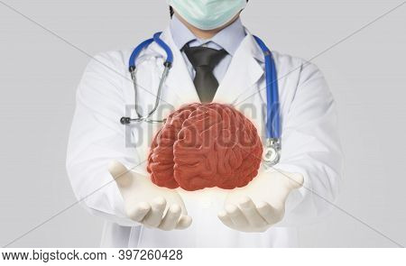 Doctor Put Hand In Front Show Brain In Gray Background