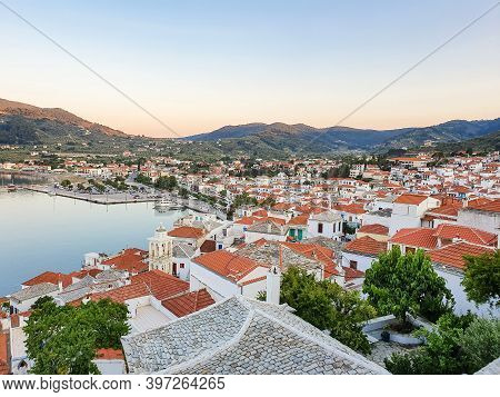 Top View At The Skopelos Port Chora And Hills Of The Skopelos Island, Greece.