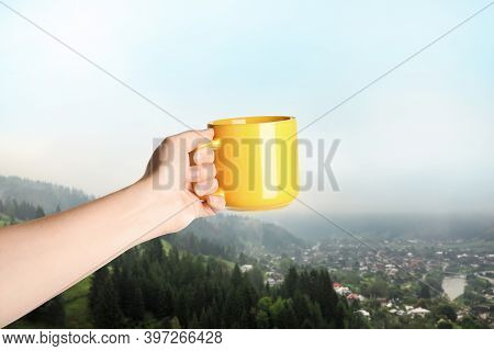 Closeness To Nature. Woman Holding Cup In Mountains, Closeup