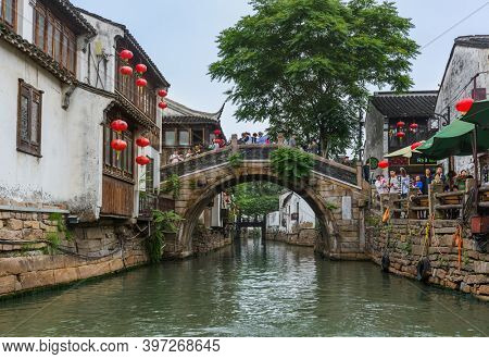 Suzhou, China - May 21, 2018: Boat cruise on the canal city of Suzhou.