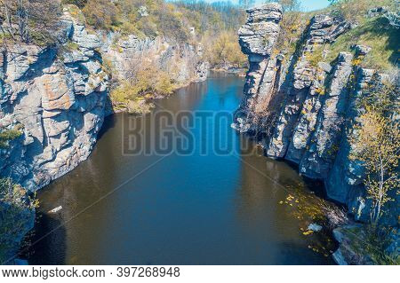 Aerial View Of A Mountain River In Early Spring.
