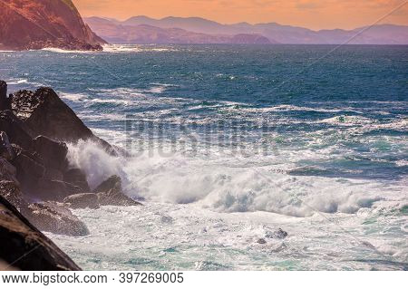 Landscape With Sea And Cliffs. Rocky Seashore On A Sunny Day. Beautiful Nature, Landscape, Stormy Se