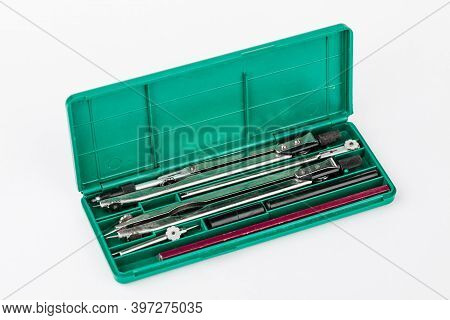 Metal Drawing Compass Isolated On A White Background In A Box. Manual Separator, Drawing Tool.