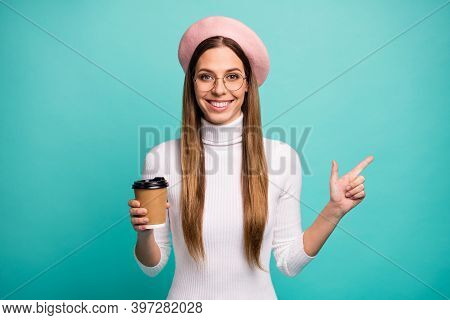 Portrait Of Her She Nice Attractive Pretty Cheerful Cheery Straight-haired Girl Drinking Latte Demon