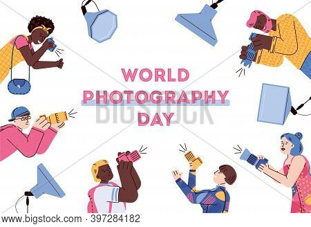 World Photography Day Banner Or Poster Template With Cartoon Photographers Characters, Flat Vector I