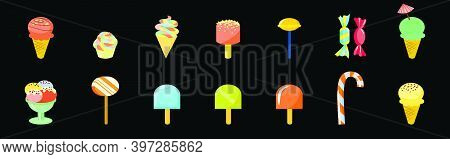 Set Of Sweets Cakes Cartoon Icon Design Template With Various Models. Modern Vector Illustration Iso