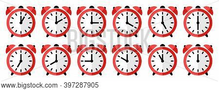 Alarm Clock Vector Icon. Set Of Round Alarm Clocks Faces Showing Different Time. Time Sumbol Isolate