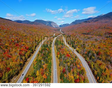 Interstate Highway I-93 Across Franconia Notch Between Cannon Mountain And Mount Lafayette With Fall