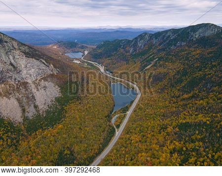 Franconia Notch With Fall Foliage Aerial View Including Profile Lake And Echo Lake In Franconia Notc