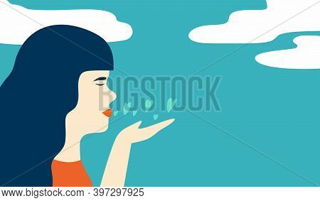 Air kiss Vector illustration with copy space Young long haired woman is sending air kiss in heart shape