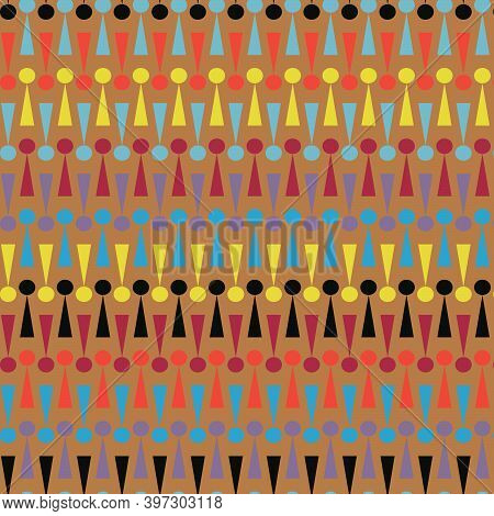 Colorful circles and triangles on brown background. Retro patern. Abstract geometric seamless vector pattern. Boho background. Ethic motive
