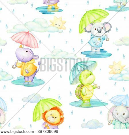 Turtle, Hippopotamus, Kuala, Lion, Elephant, Holding Umbrellas. Watercolor Seamless Pattern Of Tropi