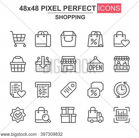 Shopping Thin Line Icon Set. Supermarket Basket, Trolley, Open Sign, Store, Discount Label, Bill, Ba