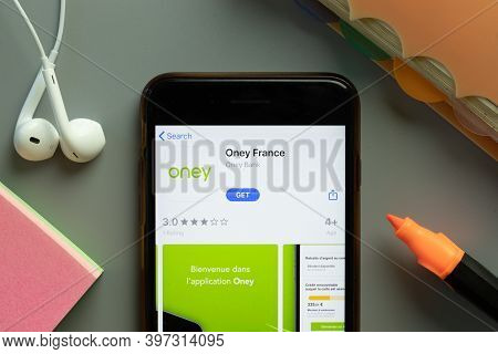 New York, Usa - 1 December 2020: Oney France Mobile App Icon On Phone Screen Top View, Illustrative 