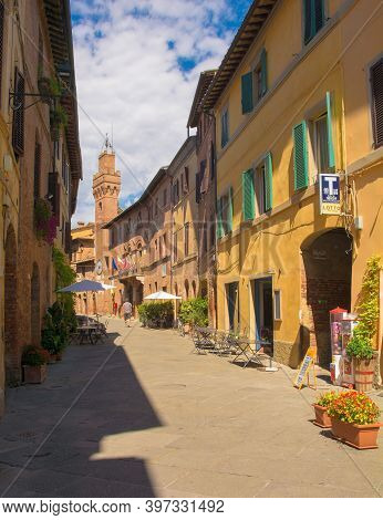 Buonconvento, Italy - September 3rd 2020. A High Street In The Historic Medieval Village Of Buonconv