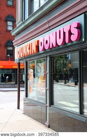 Providence, Usa - June 8, 2013: Exterior Of Dunkin Donuts Shop In Providence. The Company Is The Lar
