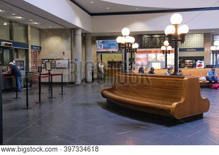 Providence, Usa - June 8, 2013: People Visit Railway Station In Providence. Providence Is The Capita